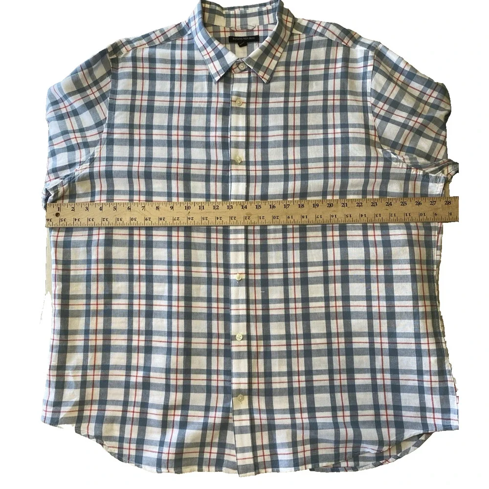 Banana Republic Shirt Mens XXL Red White Blue Plaid Button Up Long Sleeve Linen